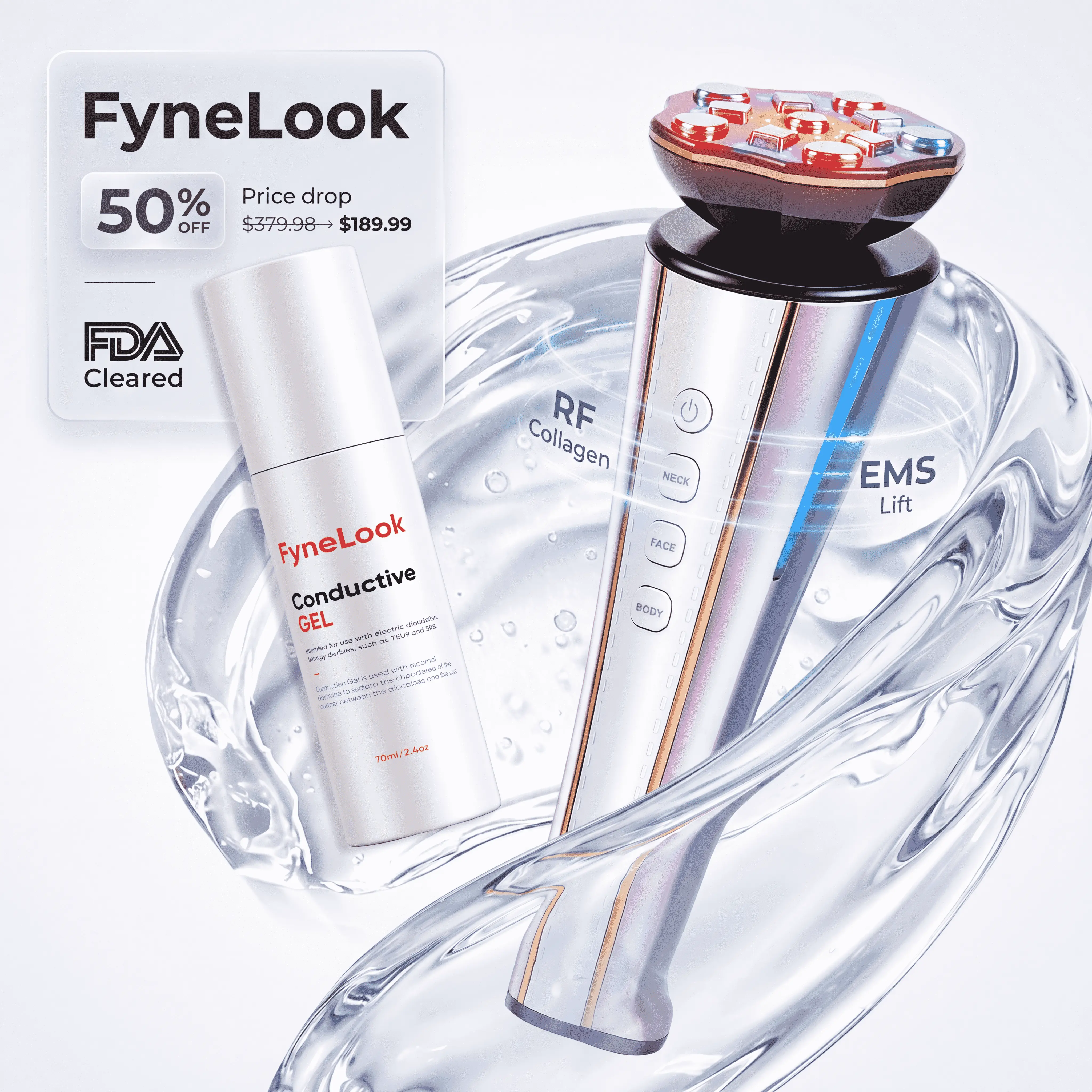 FyneLook FDA-Cleared 4-in-1 Facial Massager, Microcurrent Beauty Device for Face Lifting & Debloat, Red/Blue LED Light Therapy for Anti-Aging & Firming
