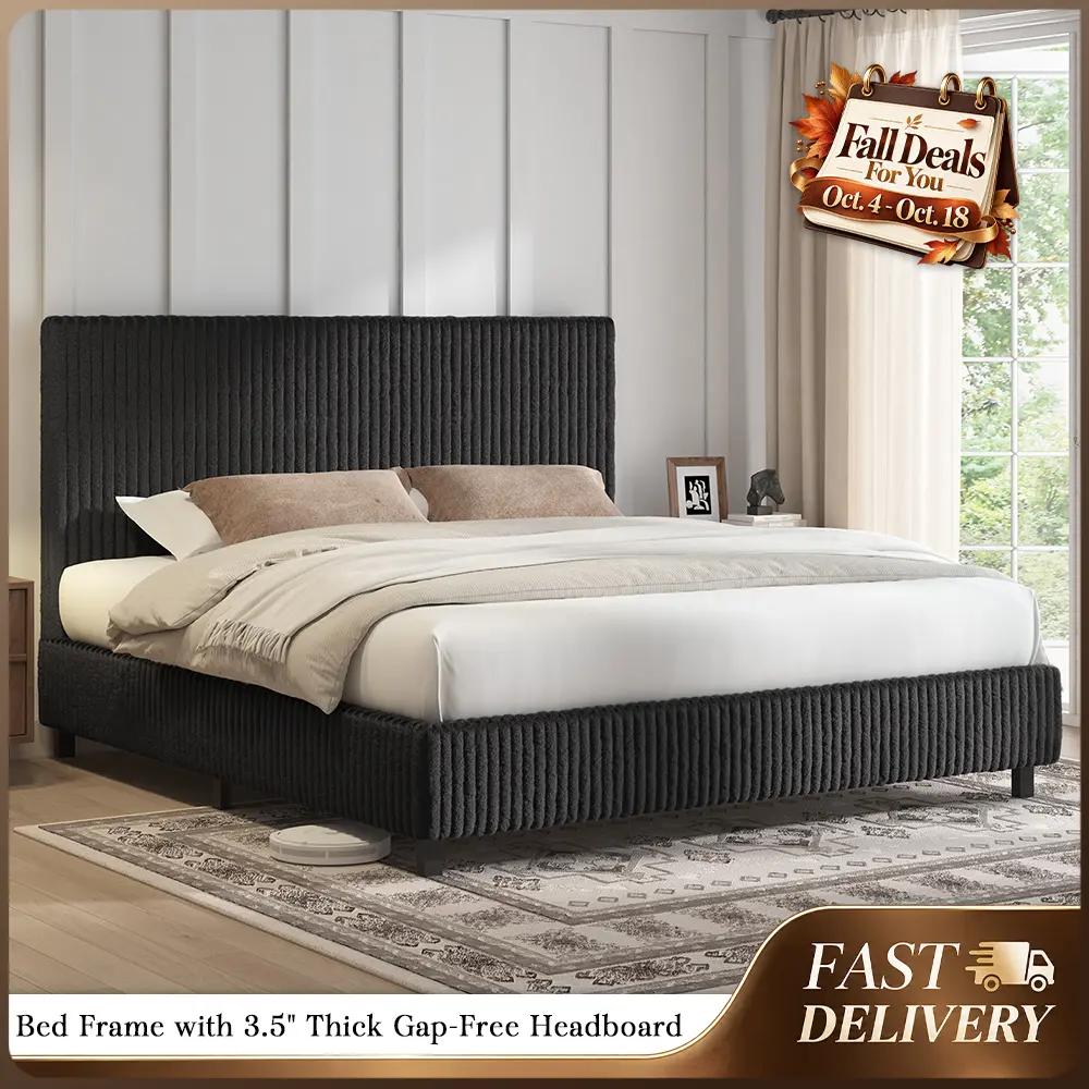 AMERLIFE Upholstered Bed Frame, Corduroy Platform Bed with 3.5" Thick Gap-Free Headboard, Fully Padded, Metal Frame with Strong Slats, No Box Spring Needed[TikTokShopFallDealsForYou]