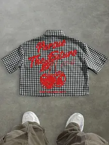 Unisex Summer Retro College Style Blouse, Plaid, Graphic Cherry Print, Fitted Short Sleeve, Breathable Fabric, Casual Streetwear, Couple