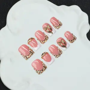 10pcs/Set Handmade Square Nail Tips With French Tips, Bow & Rhinestone Decor, Y2K Baddie Style, Rhinestone embellished, Nude & White Color, Suitable For Party, Wedding, Includes Nail Tools, Great Gift For Women & Girls Handmade Press On Nails