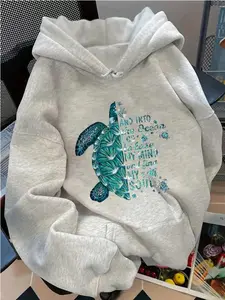 Plus Size Women's Casual Turtle Slogan Print Drop Shoulder Hoodie Sweatshirt, Autumn/Winter
