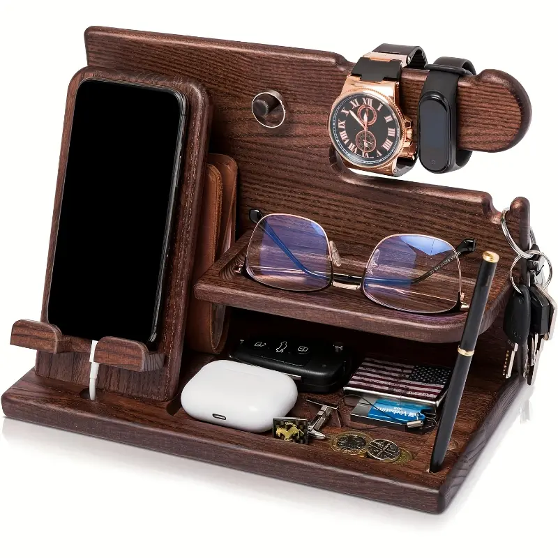 [Classic Walnut Wooden Organizer Stand] Home Decor Accessories, No-Electricity Desk Organizer with Holder for Phone, Keys, Watch