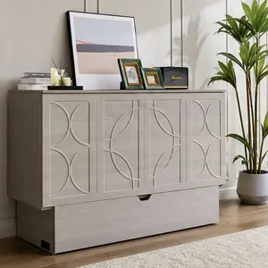 ARCH Queen Murphy Bed with Storage Cabinet, Folding Foam Mattress, Oversized Drawers, USB & AC Ports, Space-Saving Wall Bed for Living Room, Guest Room, Gray Wood Composite, Queen Size Options, Gray Color Options, Wood + Synthetic Wood Material