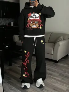 Tiktok Trendy Y2K Style Menswear Matching 2-Piece Set, Cartoon Print Hoodie & Long Pants, Fall Winter Fitted, Streetwear, Hip-Hop, Couple Wear
