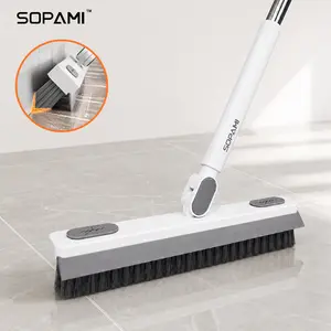 SOPAMI Floor Scrub Brush adjustable stainless steel long handle 180 rotating brush head built in TPR squeegee strip thick stiff bristles suitable for tile marble carpet countertop sliding track toilet edge home kitchen bathroom deep cleaning