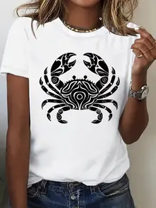 Cute Crab Print Fashion Casual Short Sleeve Tee, Summer Fitted Round Neck Women's T-Shirt, Comfortable Breathable Top