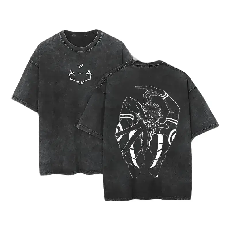 [KM 100%cotton]Sukuna JJK Vintage Cotton Tee Jujutsu Kaisen Anime Double Printed Oversized Washed T-Shirt Unisex Mineral Anime Manga Washed Heavy Cotton T-shirt, Gift For Anime Fan, Anime Lover funny