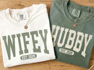 Comfort Colors Wifey and Hubby 2026 T Shirt and Sweater for Newlywed Couples and Honeymoon, bride shirt, groom tee, wedding gift, couple wear, engagement top, Teacher, Fabric