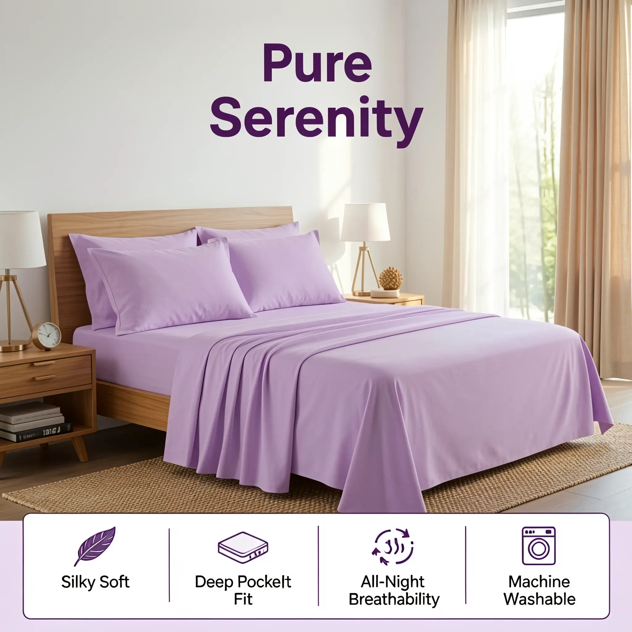 6 Piece Lavender Purple Bamboo Viscose Bed Sheet Set | Soft Brushed  | Deep Pocket Fitted Sheet with Pillowcases for Twin Full Queen King Mattress, Bedroom Decor, Plain