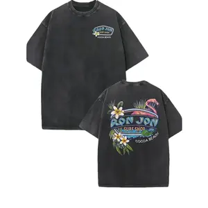 230g Heavyweight Vintage Washed Cotton T-Shirt - Tropical Flamingo & Surfboard Graphic Print, Dual-Sided Beach Carnival Design, Loose Fit Crew Neck Short Sleeve for Men & Women, Summer Surfing, Parties, Beachwear (Machine Washable)