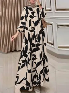 Women's All Over Print Button Front Kaftan Dress, Casual Bishop Sleeve Round Neck Maxi Dress for Fall & Winter, Women's Islamic Clothing for Daily Wear, Caftan, Modesty Muslim Clothing