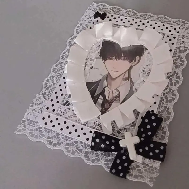 Cute DIY Lace Bowknot Kpop Photo Card Holder Idol Photocard Case Decorative Card Cover Black White Love Heart Shape Photo Holder