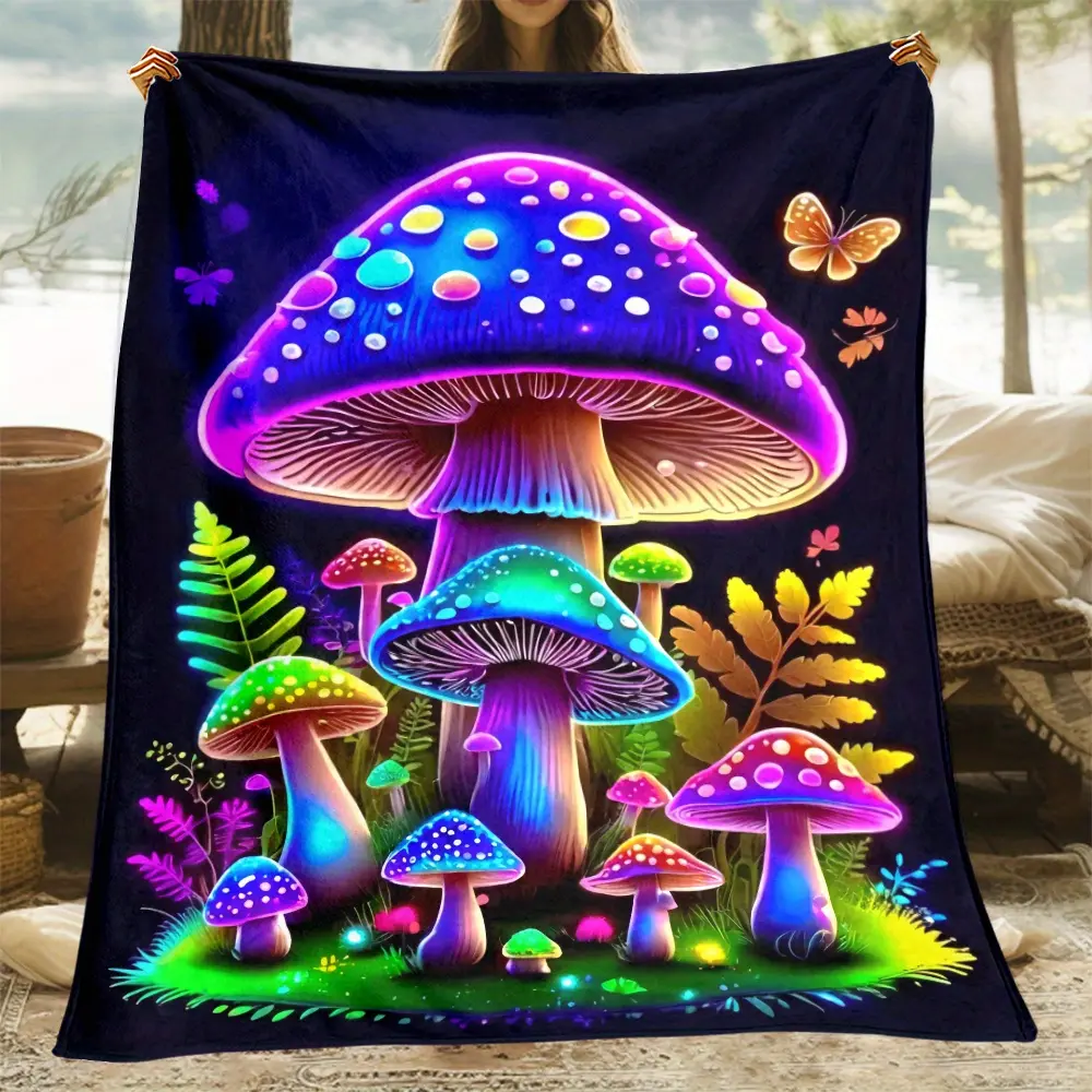 1pc, Vibrant Purple Mushroom Printed Fleece Blanket, Soft and Warm Flannel Throw for Sofa, Bed, Travel, Camping, Living Room, Office, Couch, Chair, and Bed - Digital Printing, All-Season, Polyester, Machine Washable, 100% Polyester, Indoor/Outdoor