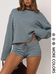 Women's Casual Striped Long Sleeve Top + Shorts Set, 2 Piece, Comfortable and Stylish, Perfect for Daily Wear