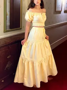 New Women's One Shoulder Bubble Sleeve Front Tie Bow Waist A-Line Skirt Set, Casual Fashion Young Daily Wear, Elegant Two-Piece