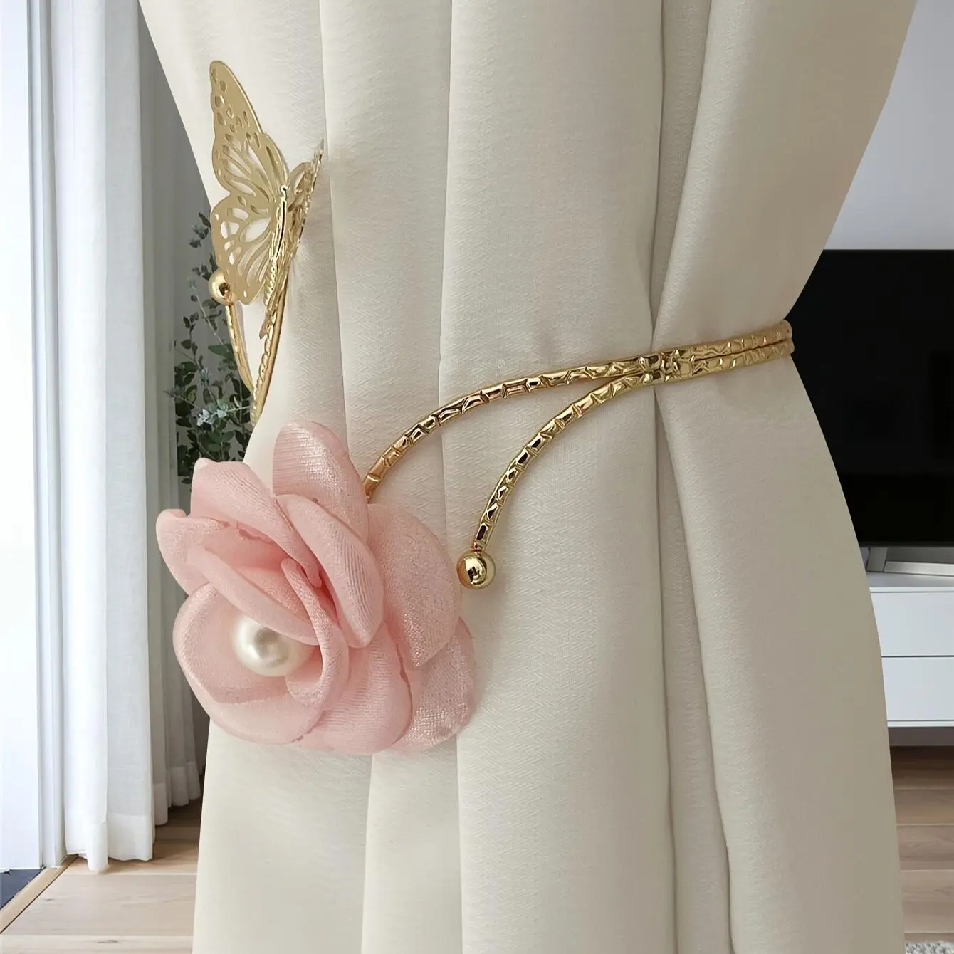 ABS Curtain Hook - Sturdy, Durable, Minimalist, Rust-Resistant 3D Butterfly Flower Pearl Design No-Hole Adjustable Curtain Tieback, 1pc Home Organizer for Living Room, Bedroom Soft Decoration (Hooks & Rails)