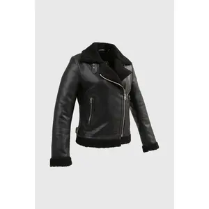 FM Women's Asymmetrical Zipper Black Shearling Leather Jacket