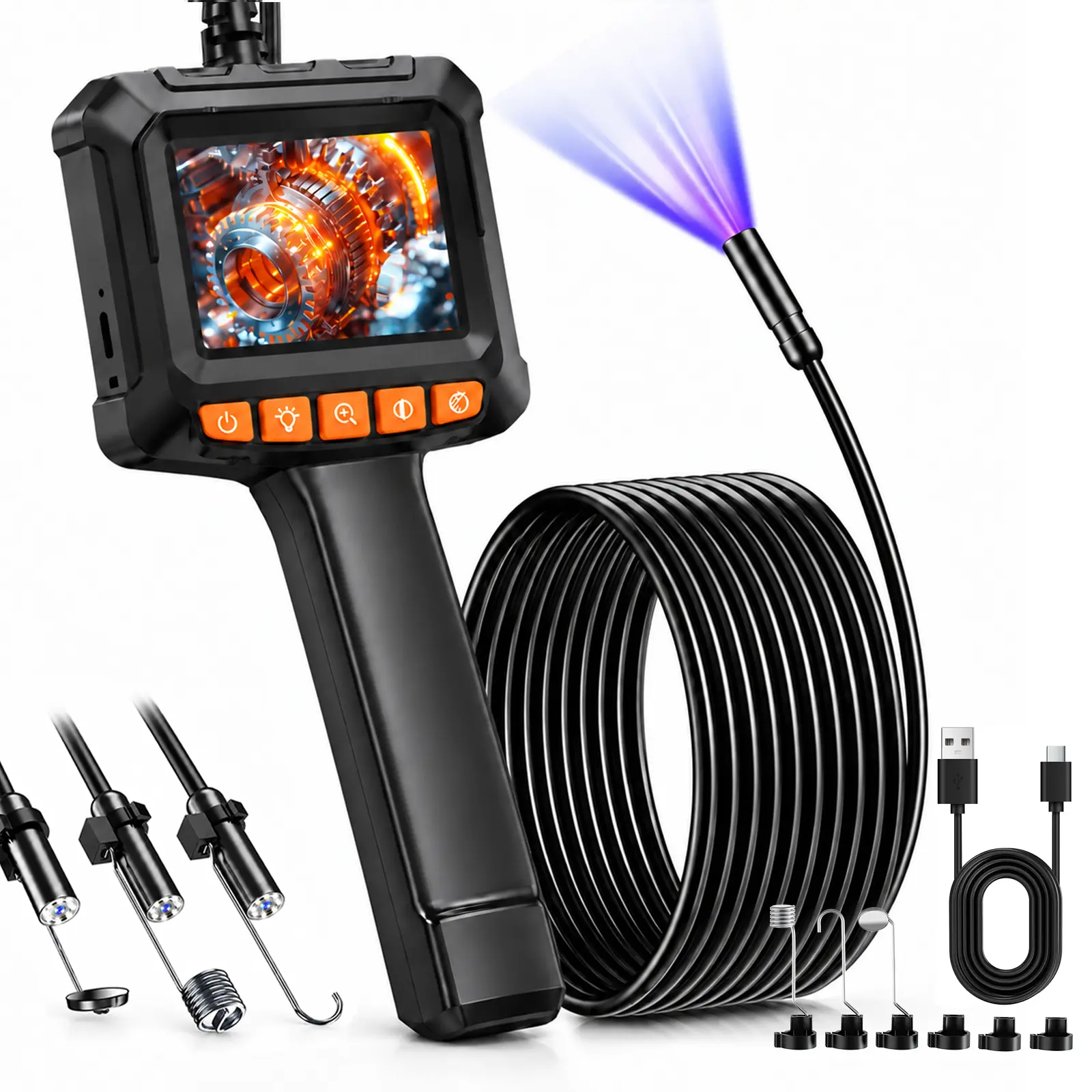FirmOak 1080P HD Endoscopic Camera Car Inspection Fixing Device, 2.4" LCD Screen, IP67 Waterproof Probe, 8 LED Closeup Lights, 16.5 ft Semi-Rigid Cable for Automobile Maintenance Pipe & Wall Checks