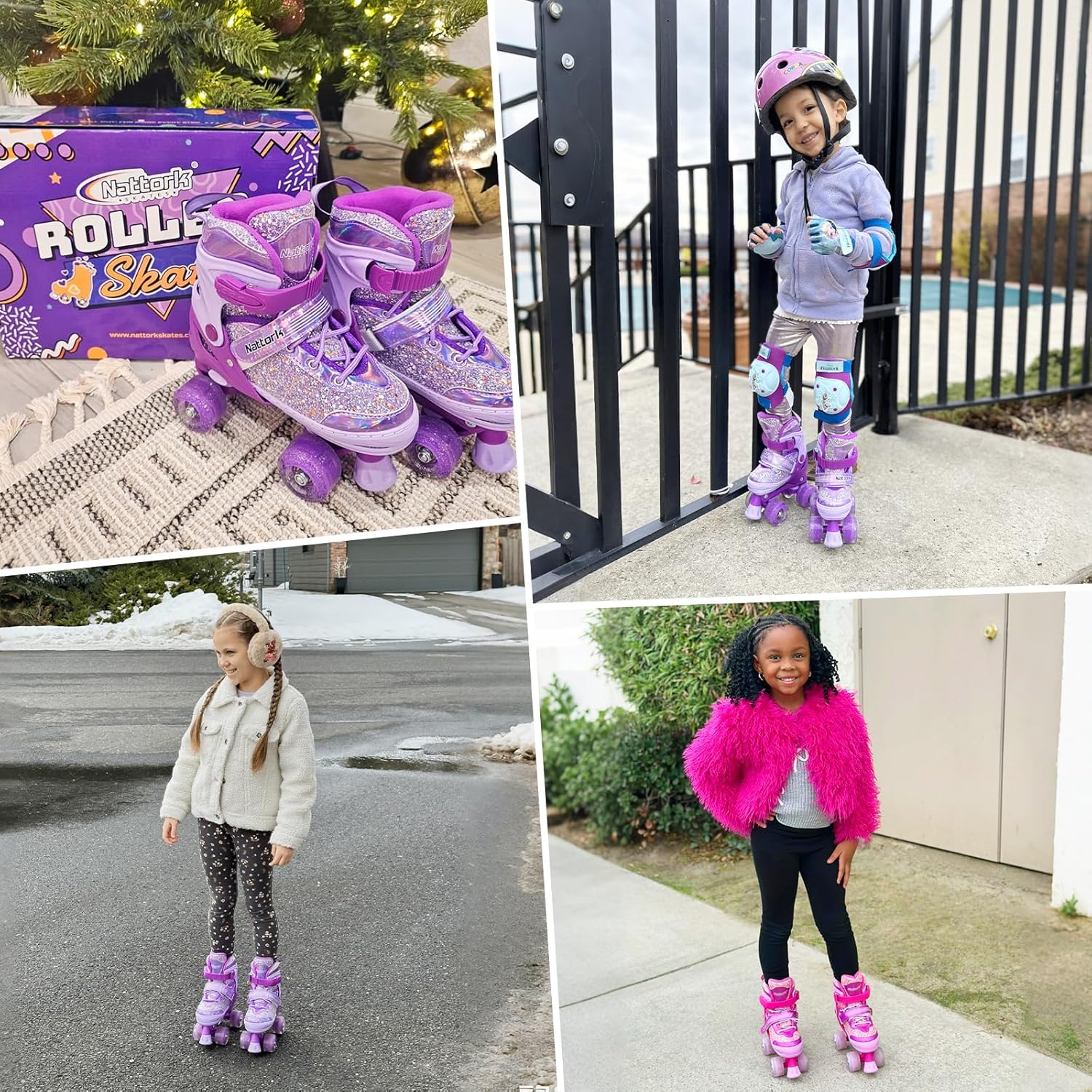Nattork Kids' Adjustable Roller Skates for Girls (Ages 3-12, 4 Sizes), Light-Up Flashing Wheels, Triple Safety Protection with Secure Closure, Beginner Casual Skating Gear, Indoor/Outdoor Birthday Holiday Gift