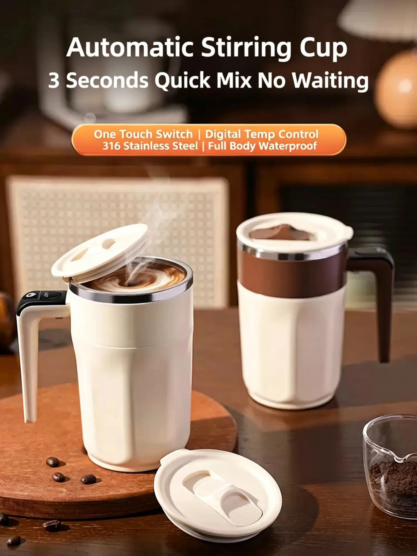 Self Stirring Mug for Men Women, Automatic Magnetic Coffee Cup with Temperature Display, Rechargeable Car Tumbler for Coffee Hot Chocolate Mocha, 12oz 316 Stainless Steel Insulated, Birthday Christmas Gift