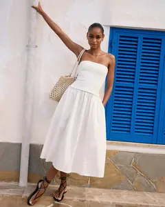 Express Mixed Media Strapless Drop Waist Midi Dress with Pockets