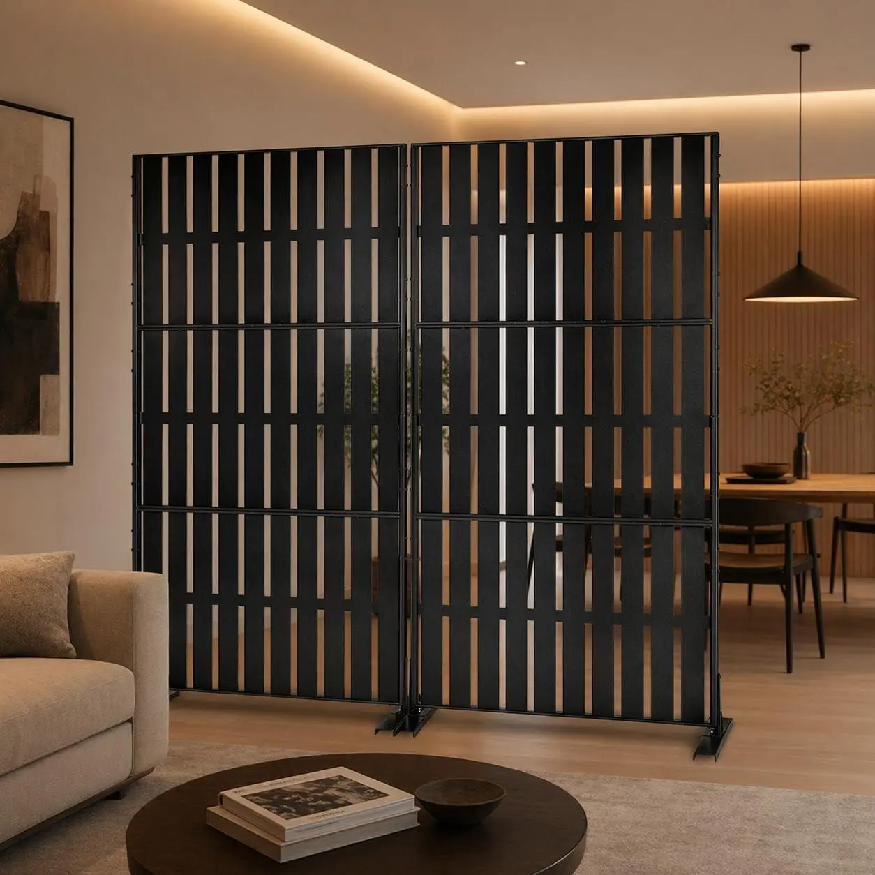 70" weather-resistant 3-panel metal privacy screen room divider for outdoor. Freestanding decorative fence for patio, balcony, porch, and poolside. Rust-proof black vertical louver.,familyfun