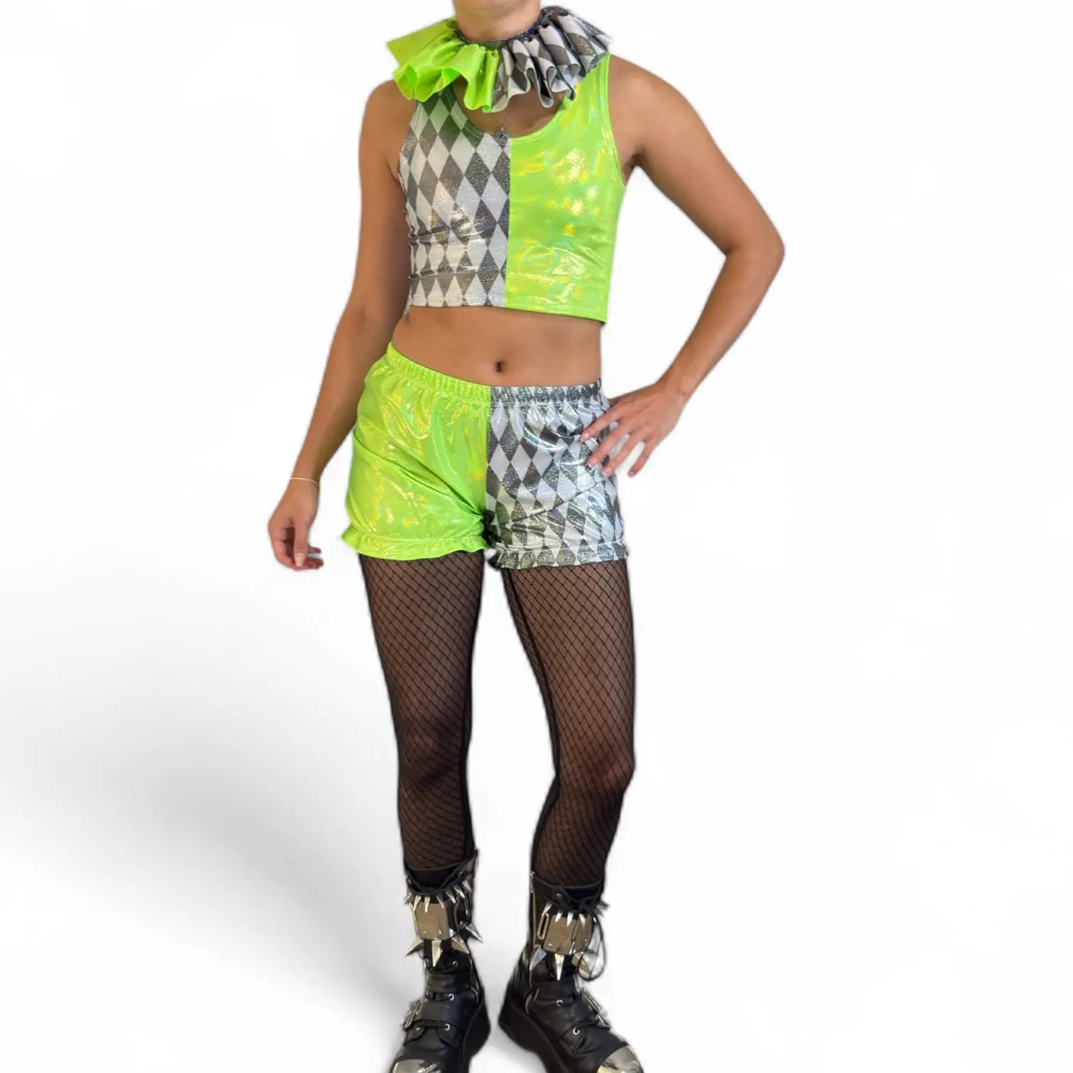 Neon Jester Clown Costume – 3-Piece Set with Crop Top, Bloomers & Ruffle Neck
