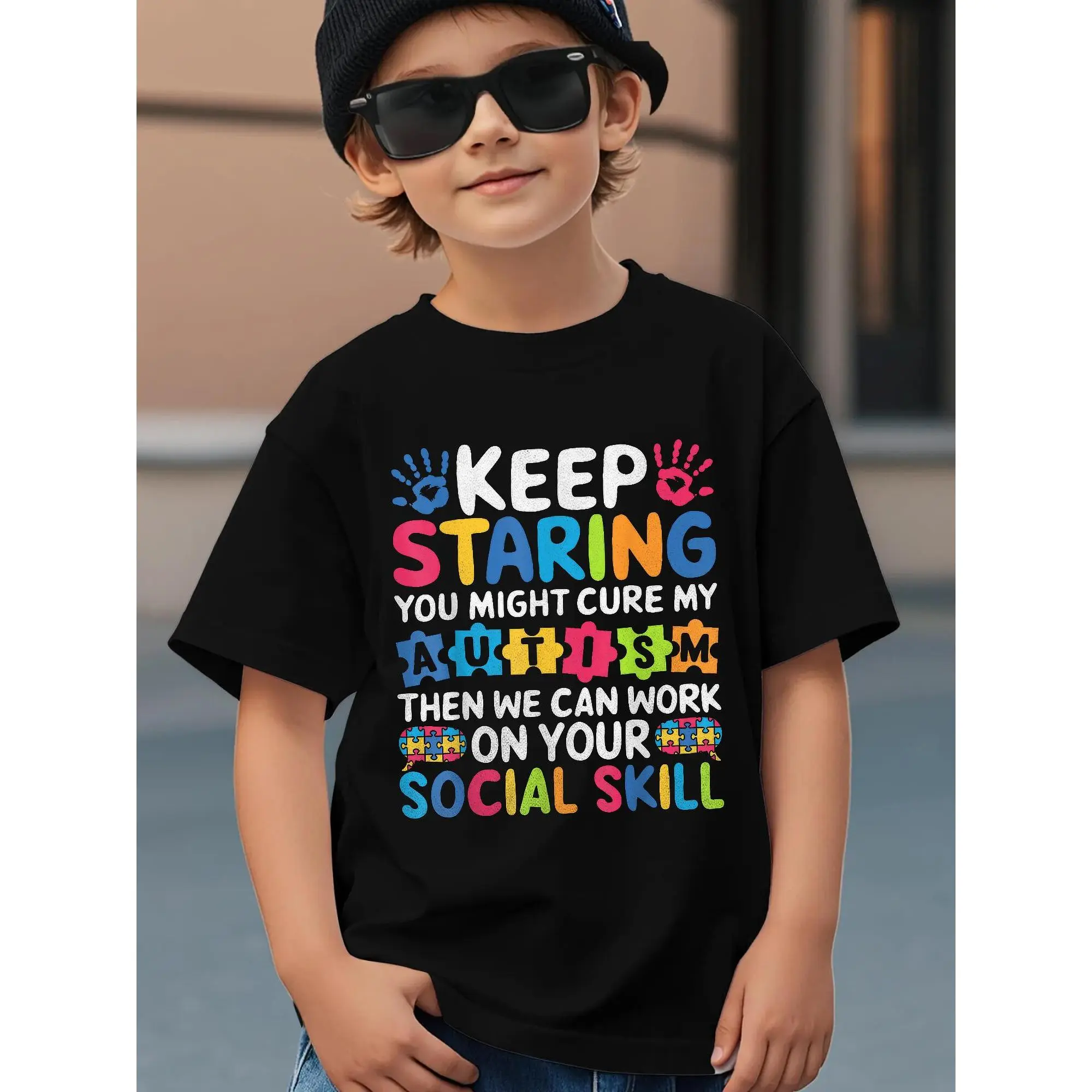 Keep Staring You Might Cure My Autism Awareness Puzzle Boys T-Shirt kid T shirt, 180g
