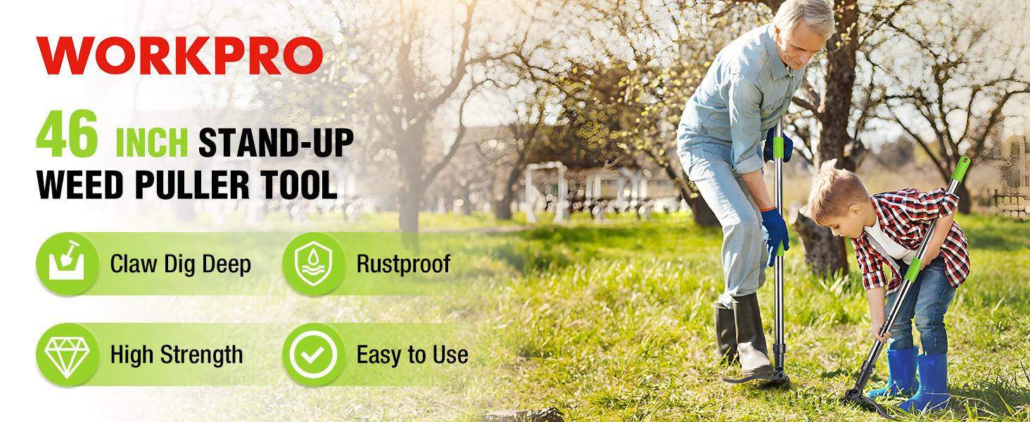 #fathersdaygift WORKPRO Weed Puller Tool with Long Adjustable Handle (33", 46"), Stand Up Heavy Duty Weed Remover- 4 Claw Steel Head & Foot Pedal for Easy Weeding, Detachable Dandelion Picker for Lawn/Yard/Garden