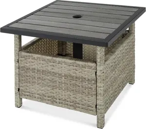 Wicker Side Table with Umbrella Hole, Square PE Rattan Outdoor End Table for Patio, Garden, Poolside, Deck w/UV-Resistant Frame, Storage Space - Gray