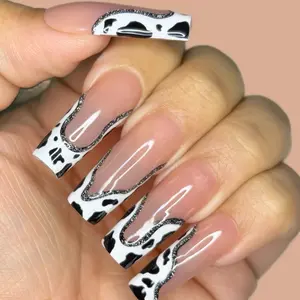 Sheer Nude Cow Print Press On Nails with Elegant Black Edges for Stylish Manicure Unique Design Easy Application & Natural Look