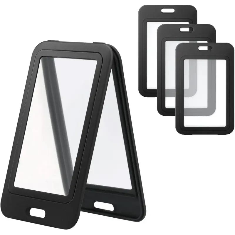 4pcs Vertical ID Badge Holder, Plastic Double-Sided Visible Name Tag Holder Waterproof ID Card Case for Office School ID Credit Cards (Black)
