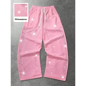 Street life, streetwear style, rhinestone embellished straight-leg sports pants, casual pants GARMENTARY