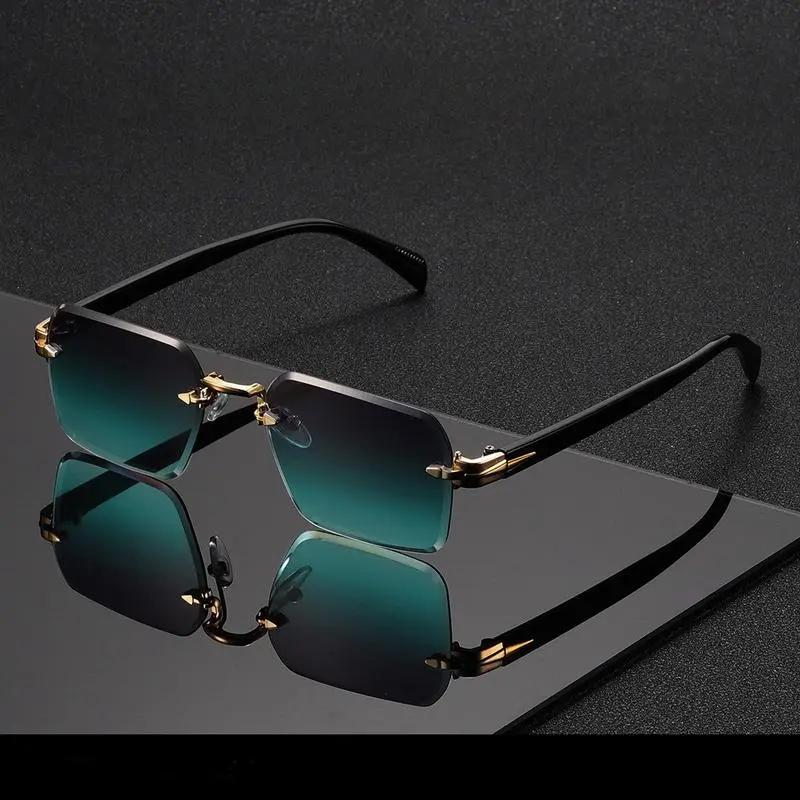 Unisex Luxury Rimless Rectangle Frame Sunglasses - Women's Sunglasses, Retro Gold Glow Accents, Gradient Green Resin UV Protection Lenses, Vintage Brand-Inspired Design, Unisex Fit Style, Ideal for Business Casual & Street Style, Sunglasses For Women tikt