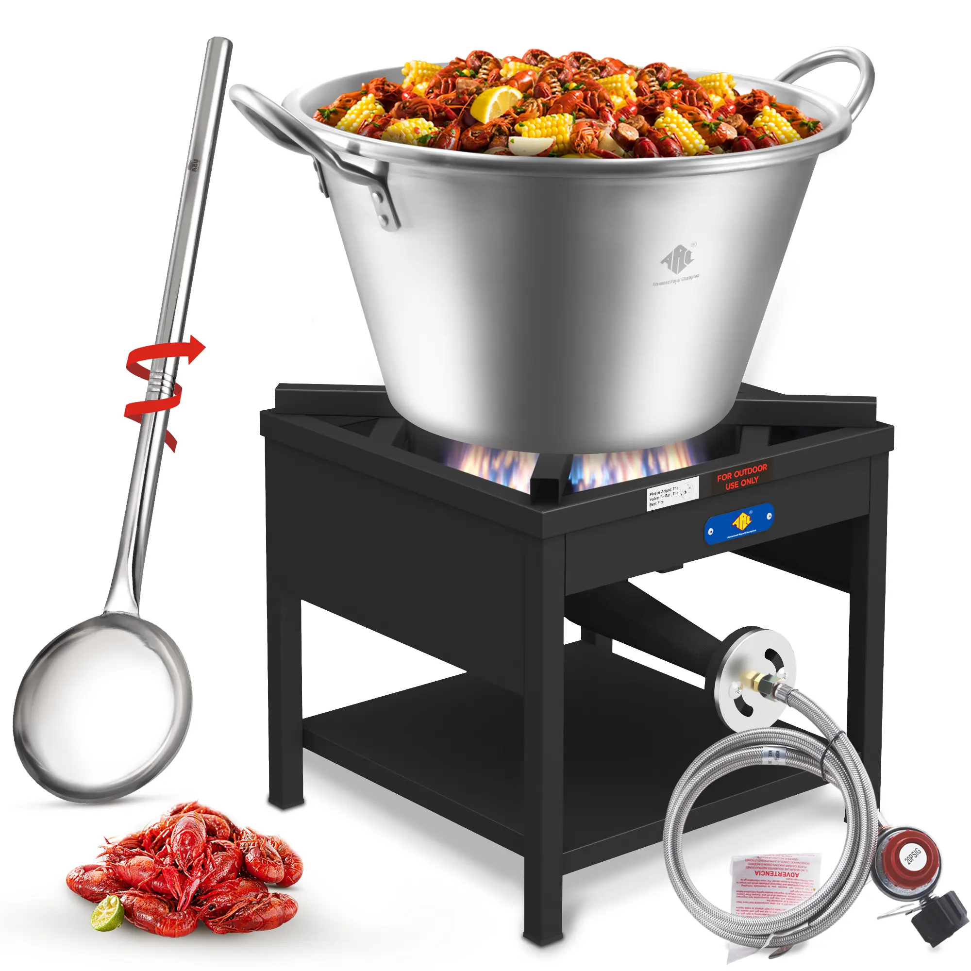 Carnitas Cazo Set - 41QT Heavy-Duty Stainless Steel Wok, 200000 BTU High Pressure Outdoor Gas Stove Burner, 48-Inch Utensil Spoon for Camping, Party, Camp Kitchen Equipment, 200,000 Btu High Pressure Burner, Seafood Boils, Windshield Burner