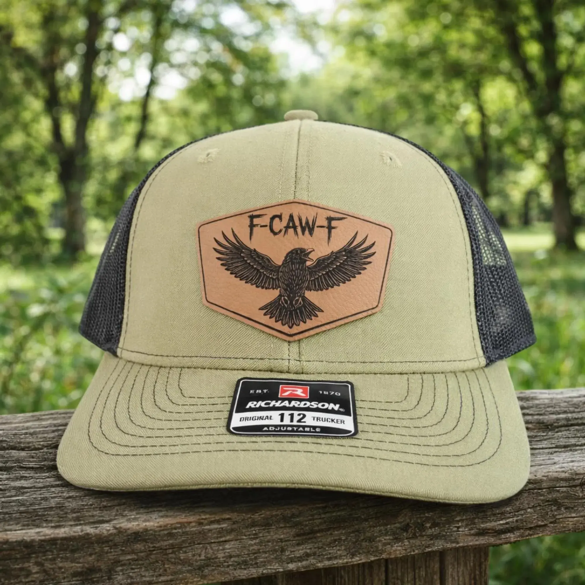 F-CAW-F Flying Crow Leather Patch Trucker Hat, Goth Bird Lover Gift for Husband, Spooky Nature Cap, Richardson 112 Mesh Snapback