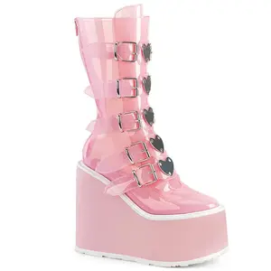 Demonia Swing-230C Baby Pink TPU Knee-high Boots with 5 Buckle Straps & Heart-Shaped Metal Plates on Platform Mid-Calf Boot