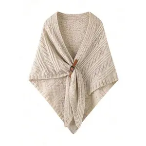 Women's Autumn Winter New Shawl Cape, Fashionable Knitted Triangle Scarf Wrap, Leather Buckle Small Shoulder Cover-Up, Trendy Solid Shawl