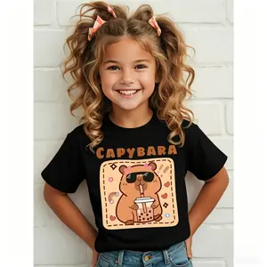 Summer Fashion Girls' Short Sleeve T-Shirt with CAPYBARA Cartoon Pattern Print (Capybara Wearing Sunglasses & Drinking Milk Tea), Casual Top NYDX5497