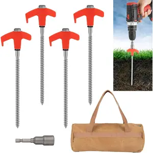 8" Screw in Tent Stakes 4PCS - Ground Anchors Screw in, Screw in Tent Stakes Heavy Duty, Galvanized - Camping Tent Accessories, Metal Threaded Tent Spikes with Hex Head Driver and Storage Bags