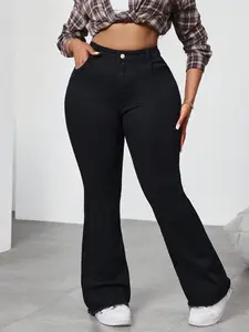 Plus Size High Waist Bell Bottom Denim Jeans, 90s Retro Style, Casual, Loose Fit, Button Fly, All Seasons, Women's Streetwear