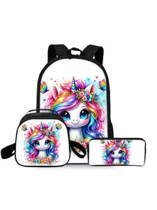 Flower unicorn print backpack three-piece set, including lunch bag, pencil case, and backpack