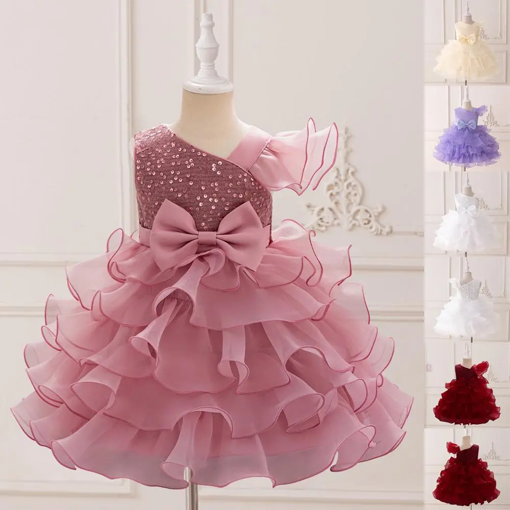 Kids Clothes 2219 Pink Sequin Puffy Bow Flower Girls Frock Ball Gown Pageant Children Elegant Princess Prom Party Cocktail Dress 3-8Y