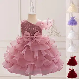 Kids Clothes 2219 Pink Sequin Puffy Bow Flower Girls Frock Ball Gown Pageant Children Elegant Princess Prom Party Cocktail Dress 3-8Y