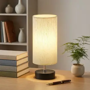Soft Eye-Caring Small Table Lamps Set of 2 - Cylinder Linen Fabric Shade Warm Glow, No Glare, One for Bedroom One for Kids Room, Bedtime Reading, Nordic Aesthetic Decor - Great Gift for Parents