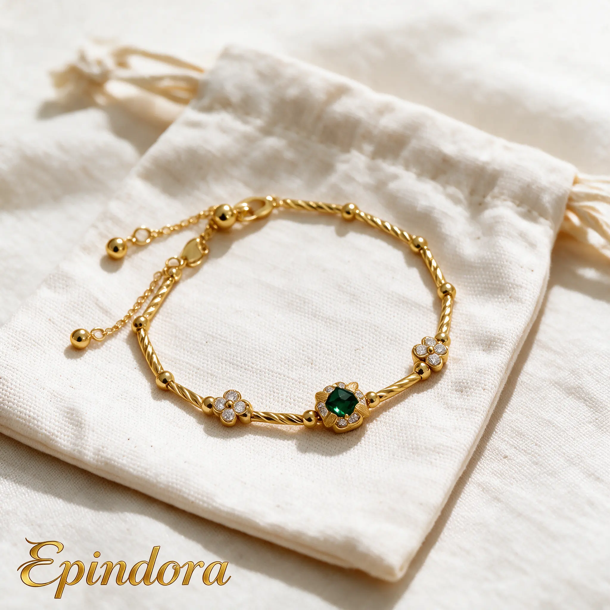 Epindora Gold-Tone Adjustable Bracelet with Geometric Chain and Flower Charm