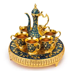 Vintage Extra Large Turkish Coffee & Tea Pot Set for 6 by Gute with Large Crystal Tray & Teapot Gold with Shiny Crystal (Blue) 480ml - 6 Vintage Moroccan Tea Glasses 230ml Teacups Gold
