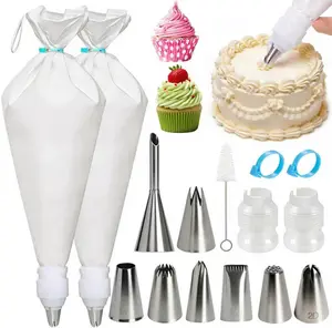 Reusable Cotton Piping Bags and Tips Set - Two 16inch Pastry Bags with 8 Large Stainless Icing Tips for Cake Decorating, Cupcakes, Cookies, Baking Kit for Home Bakers & Chefs