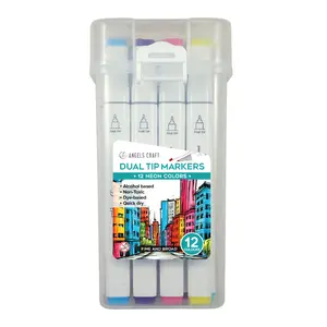 12-Piece Set of Dual Tip Markers with reusable Plastic Storage Case /12 Neon Theme Markers /Alcohol Based for quick dry Dye Based Non-Toxic
