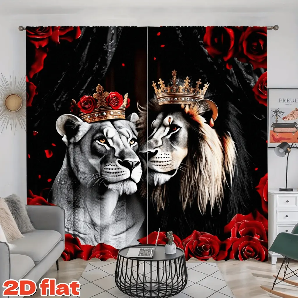 2D Flat 2Pcs Lion King & Queen Curtains, Home Decorative Curtain, Royal Couple with Crowns Red Roses Print, Decorative Semi-Sunshade Window Drapes, for Living Room, Bedroom, Anti-Privacy, Christmas Gift Decoration, Curtain Replacement